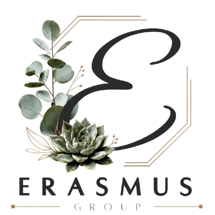 A logo-style graphic featuring a large black ornamental letter E above the words 'ERASMUS GROUP' and the tagline 'Building Businesses for Generations,' with green succulent and eucalyptus botanical illustrations on a white background.